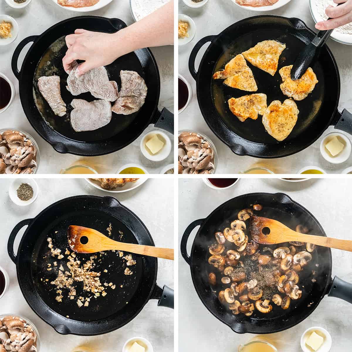 Four images of flour coated chicken, shallots, and mushrooms cooking in a pan.