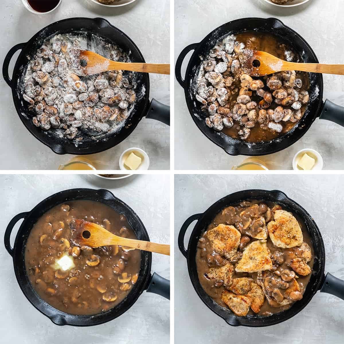 Four images of mushrooms cooking in a skillet with flour, marsala, broth and cooked chicken is added.