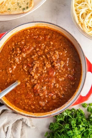 A top down shot of a ladle resting in a pot of homemade spaghetti sauce.