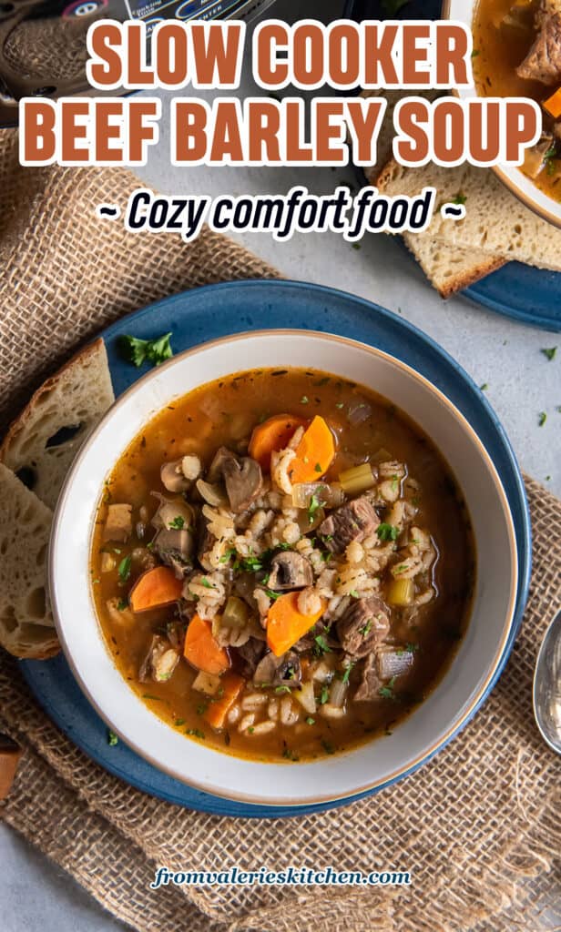 A top down shot of a bowl of beef barley soup in front of a slow cooker with text.