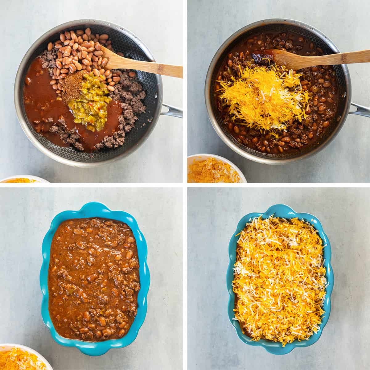 Four images of beef enchilada dip being made in a skillet and in a baking dish topped with cheese.