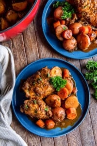 Two blue plates with braised chicken stew next to a Dutch oven.