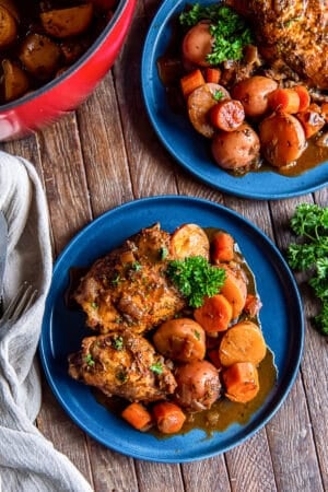 Two blue plates with braised chicken stew next to a Dutch oven.