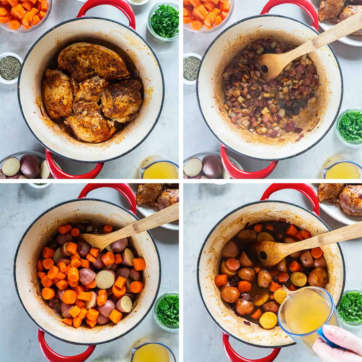 Four images of chicken and vegetables cooking in a Dutch oven.
