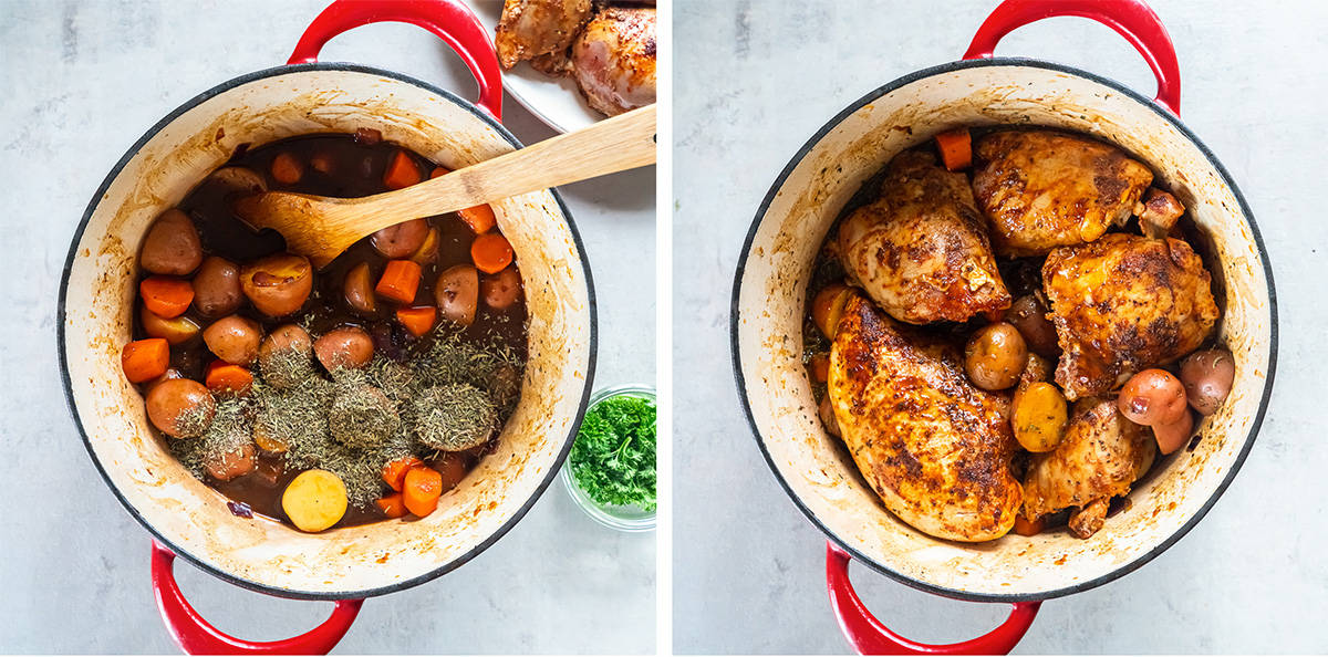 Two images of seasoned vegetables and chicken in a Dutch oven.