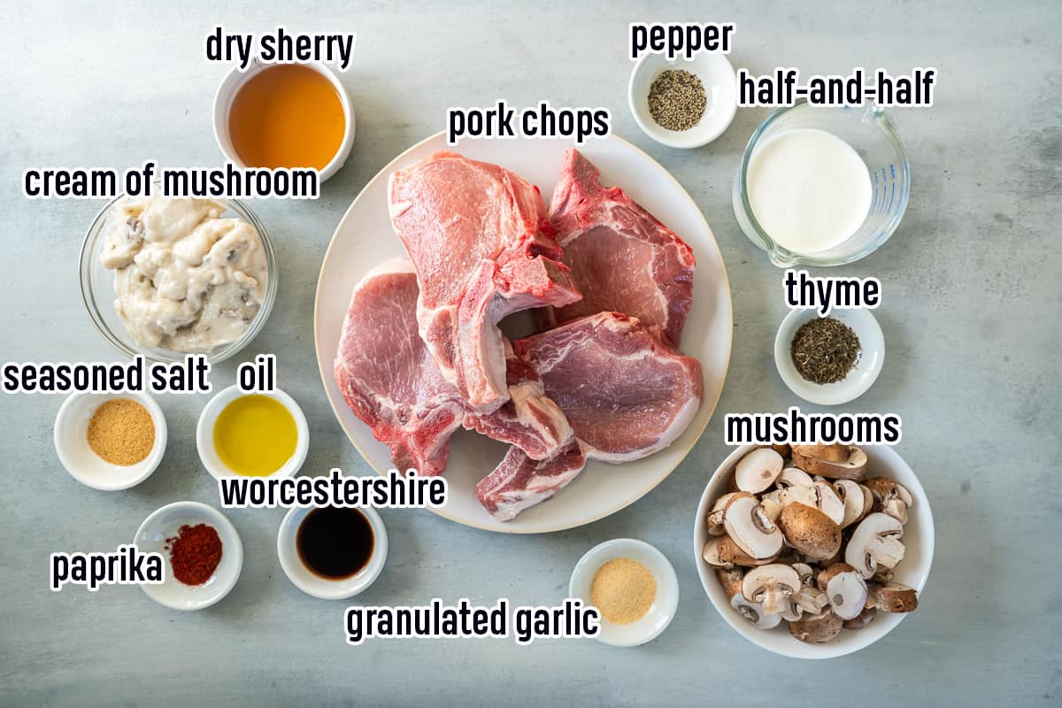 Pork chops, cream of mushroom soup, and other ingredients in bowls with text.