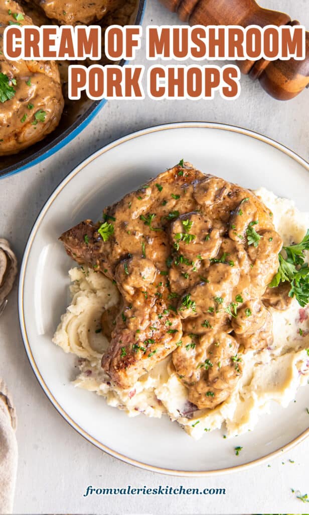 A pork chop with cream of mushroom soup gravy over mashed potatoes with text.