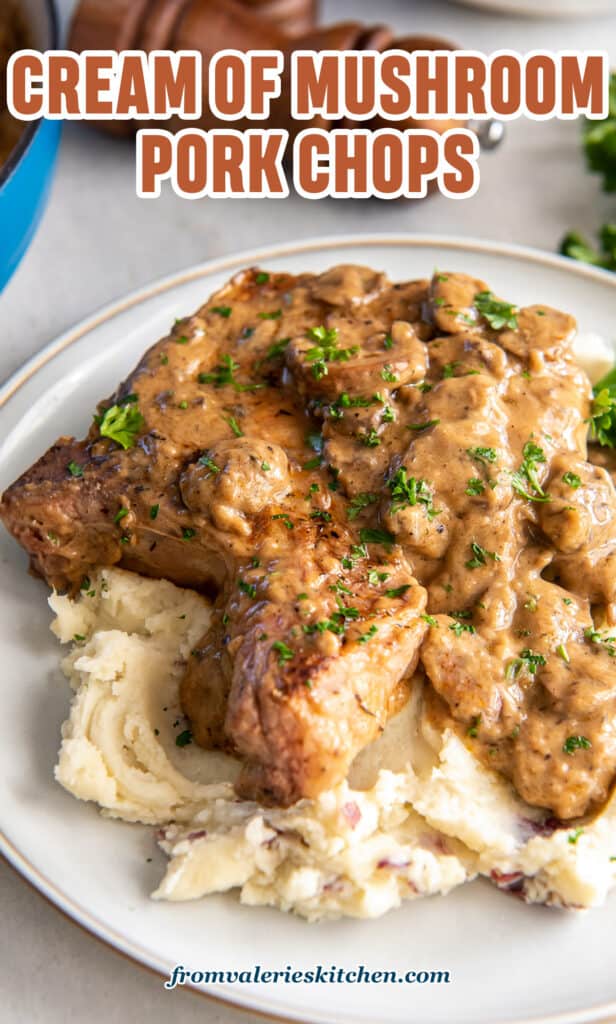 A pork chop with cream of mushroom soup gravy over mashed potatoes with text.