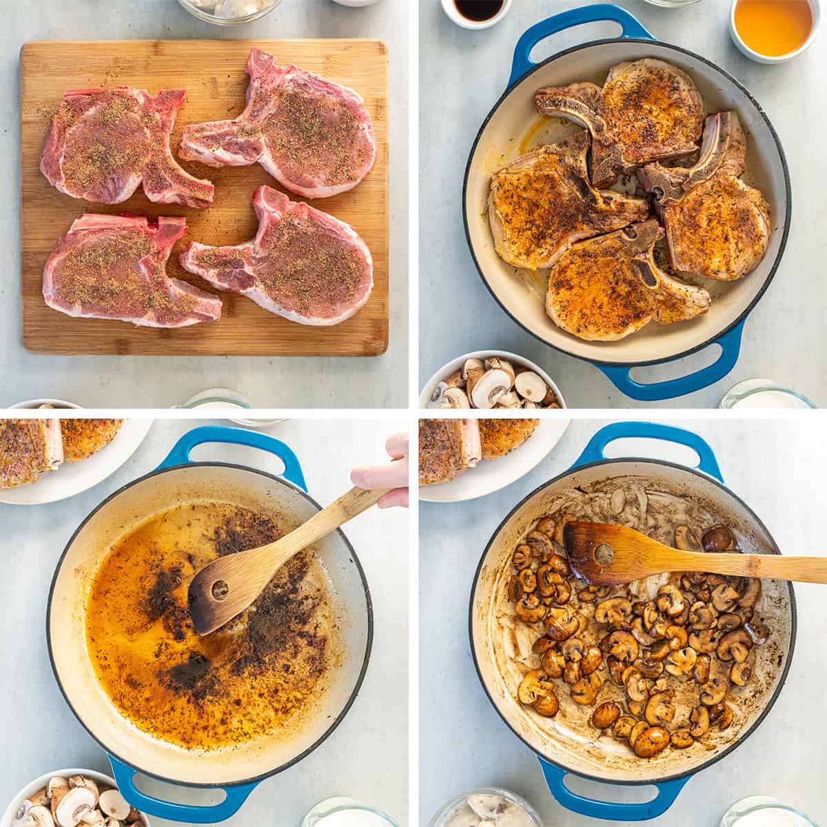 Four images of seasoned pork chops on a cutting board, in a skillet then mushrooms in the skillet.