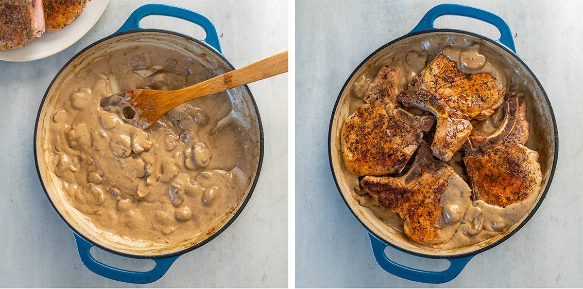 Two images of cream of mushroom gravy in a skillet alone and with pork chops.
