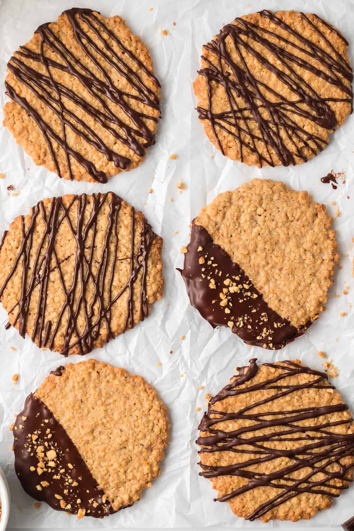 Crispy peanut cookies dipped in chocolate.