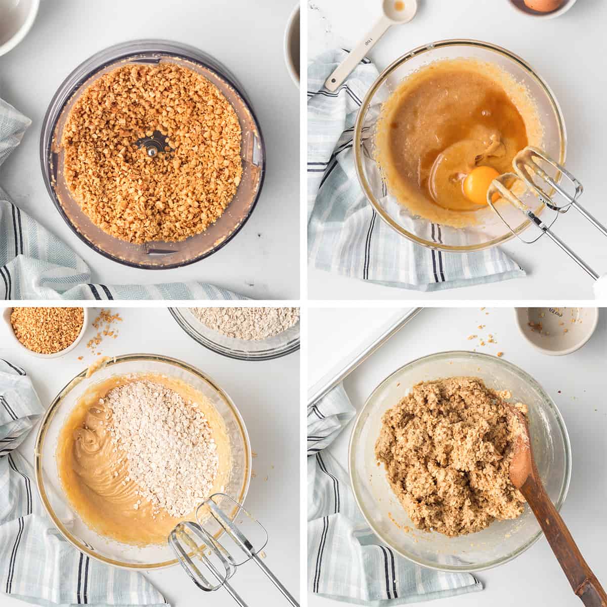 Ground peanuts in a food processor and cookie dough being made in a large mixing bowl.