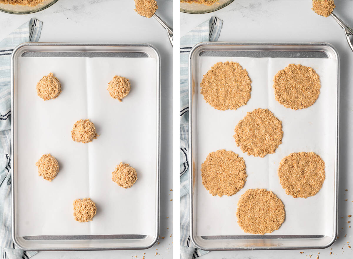 Two images of balls of cookie dough on a baking sheet before and after being flattened.