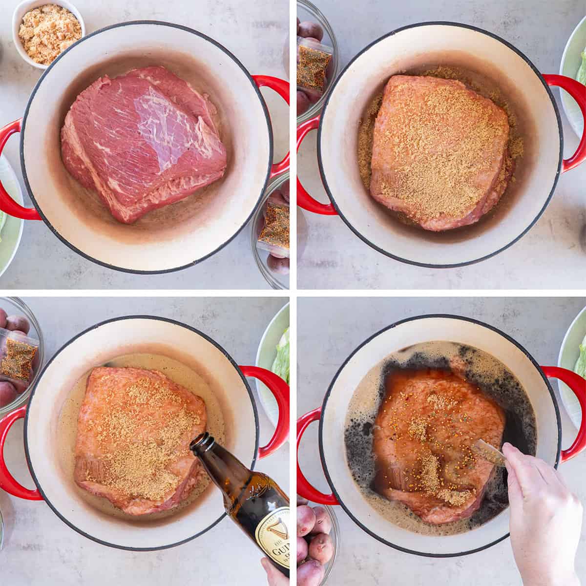 Four images of corned beef in a dutch oven with brown sugar and guinness beer.