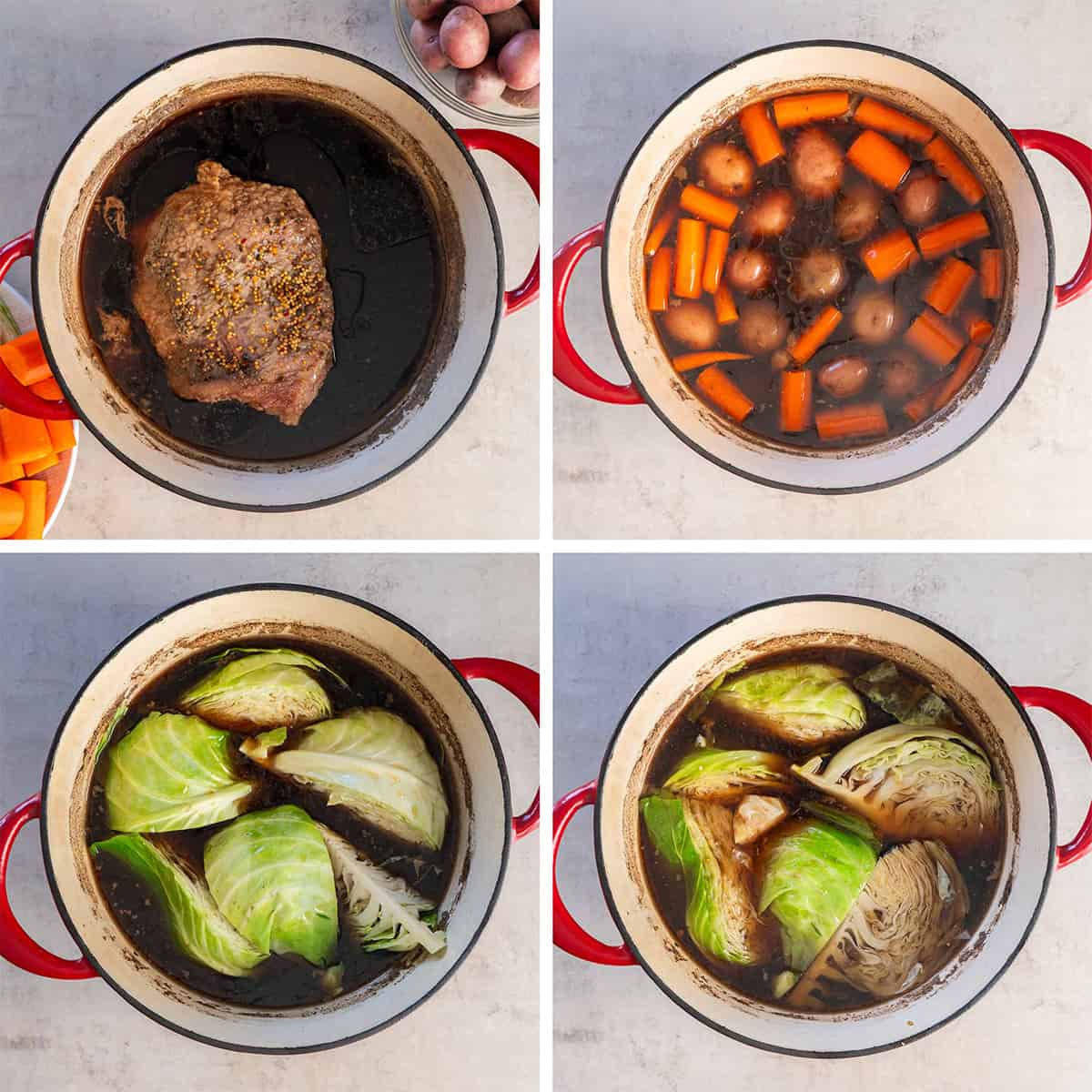 Four images of corned beef, carrots, potatoes, and cabbage in a dutch oven.