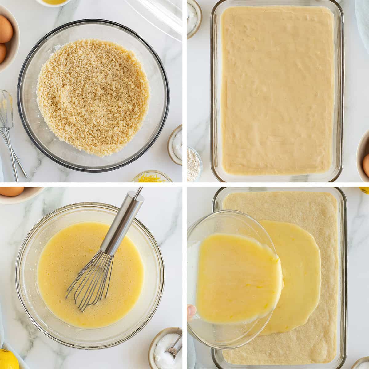 Four images of crust ingredients in a baking dish and lemon bar filling being poured over the crust.