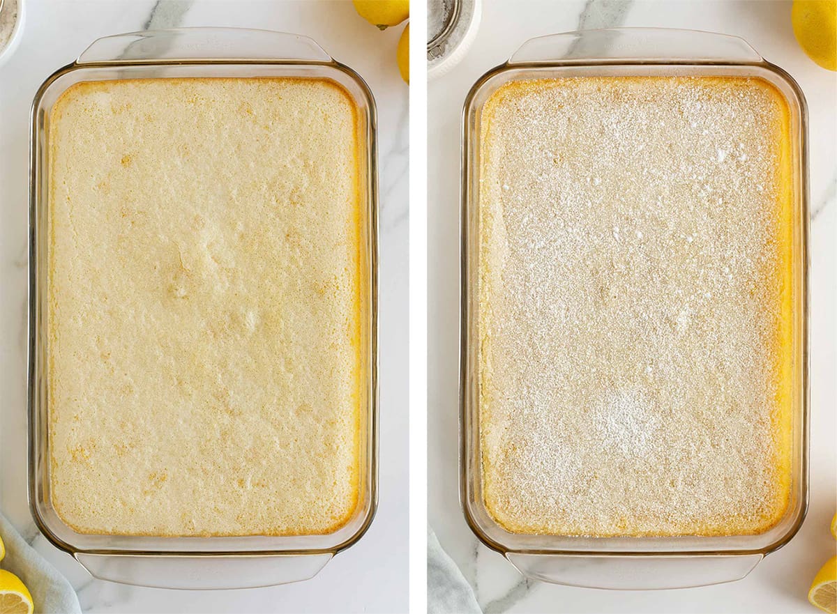 Two images of lemon bars in a baking dish and then topped with powdered sugar.