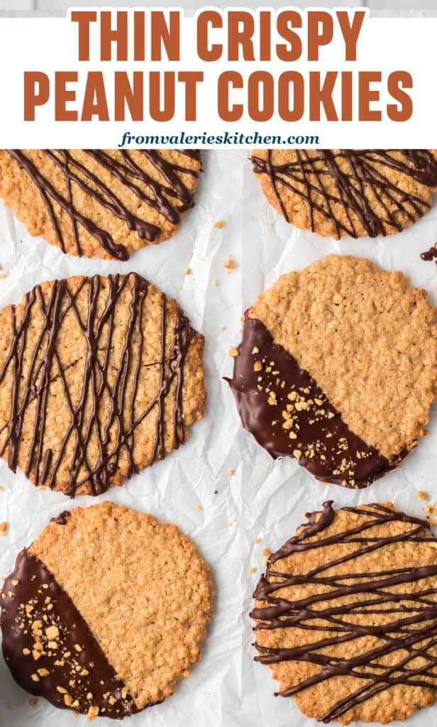 Crispy peanut cookies dipped in chocolate with text.