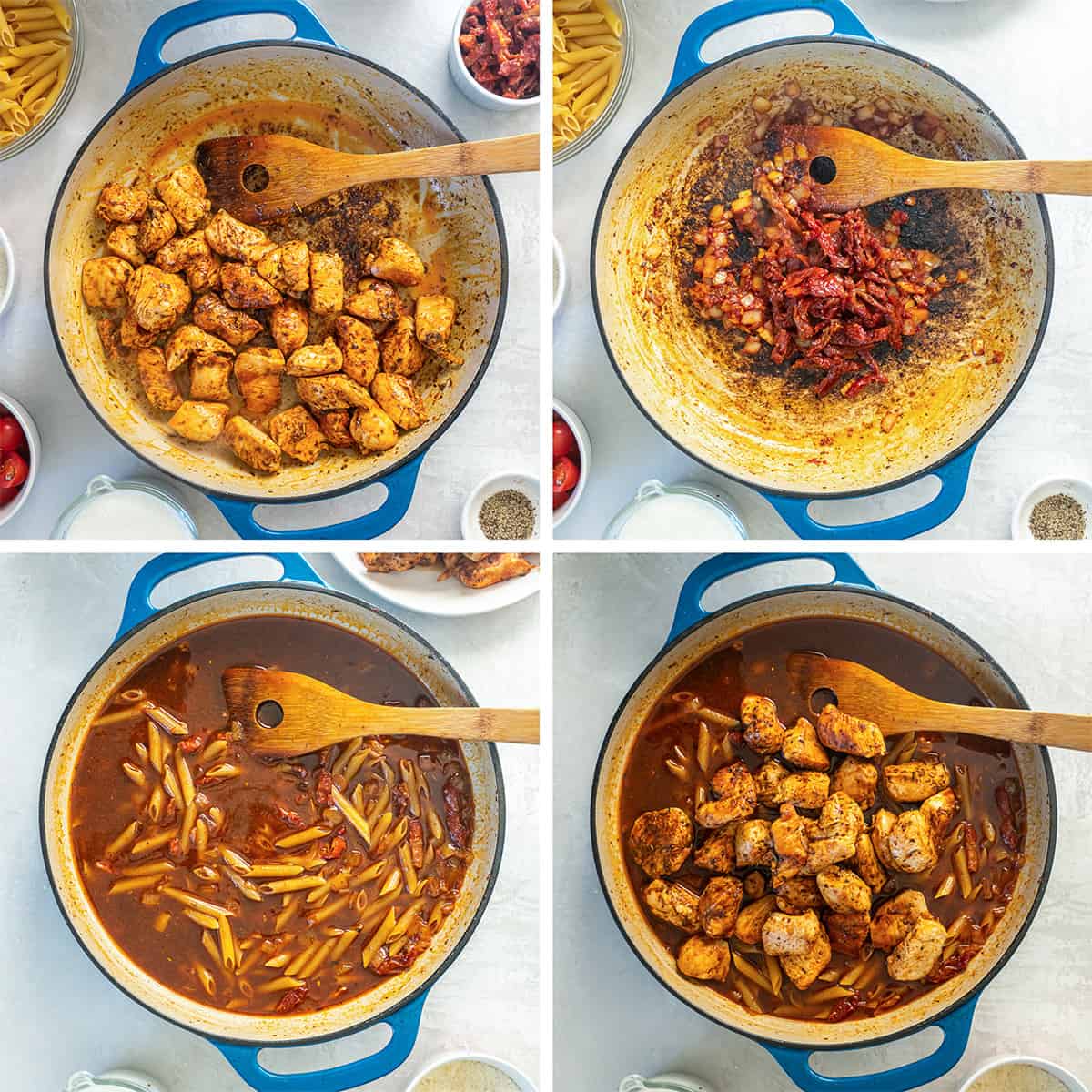 Four images of chicken, pasta and other ingredients cooking in a skillet.