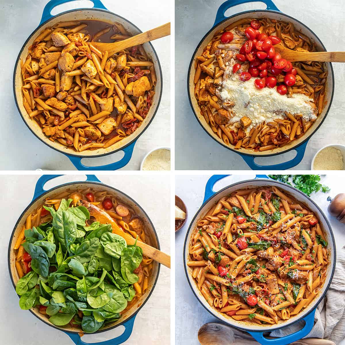 Four images of chicken and pasta in a skillet with tomatoes, Parmesan, and spinach.