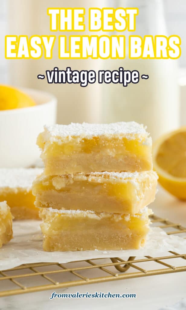A stack of 3 lemon bars with text.