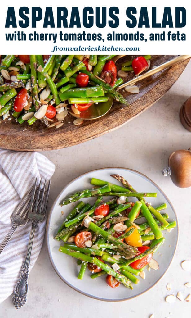 Asparagus salad on a serving platter and a small white plate with text.