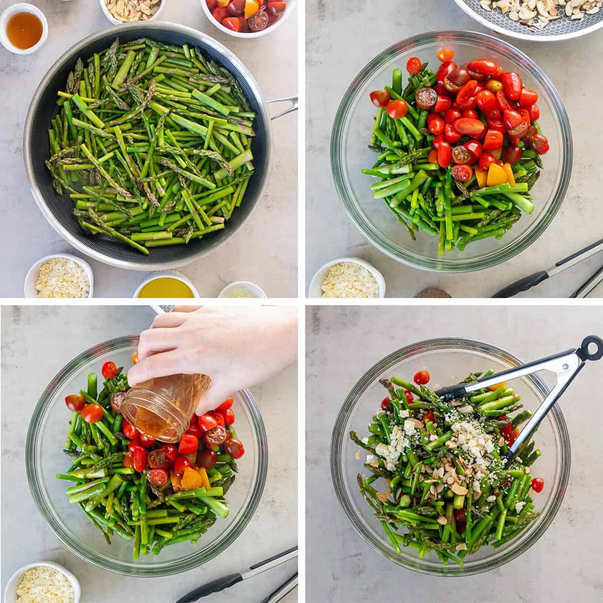 Four images of aspargus in a pot and tossed with cherry tomatoes and dressing in a bowl.