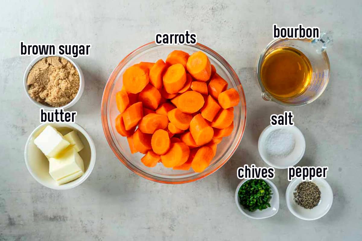 Chopped carrots, bourbon, brown sugar and other ingredients in bowls with text.
