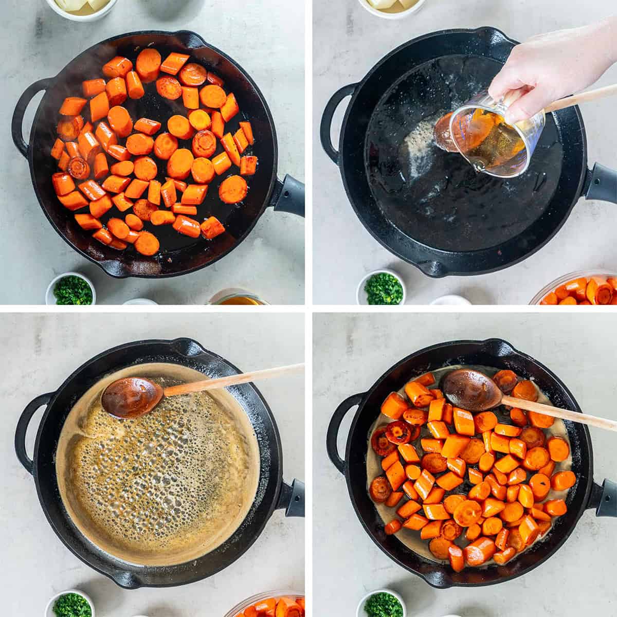 Four images of carrots and bourbon glaze being prepared in a cast iron skillet.