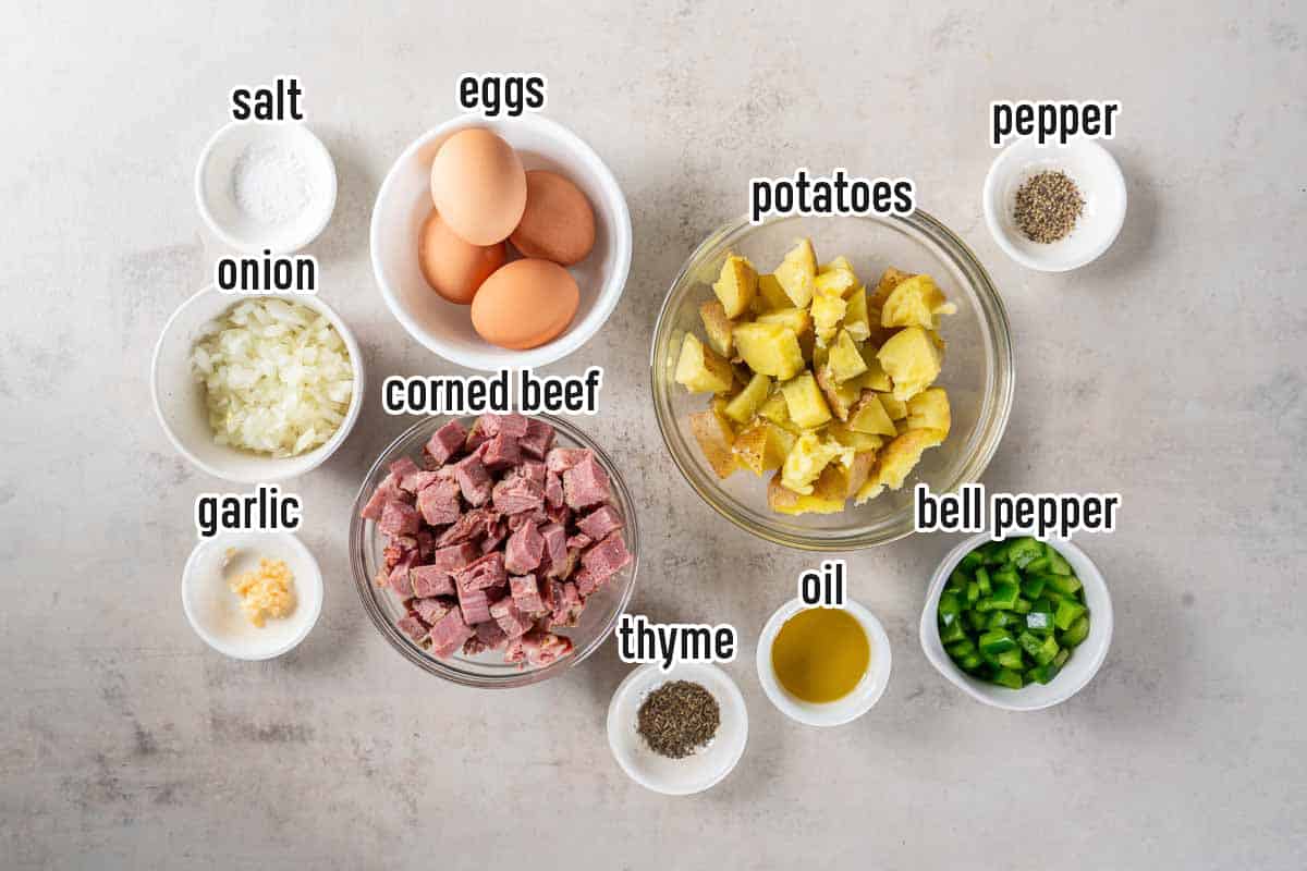 Leftover corned beef, potatoes, eggs and other ingredients in bowls with text