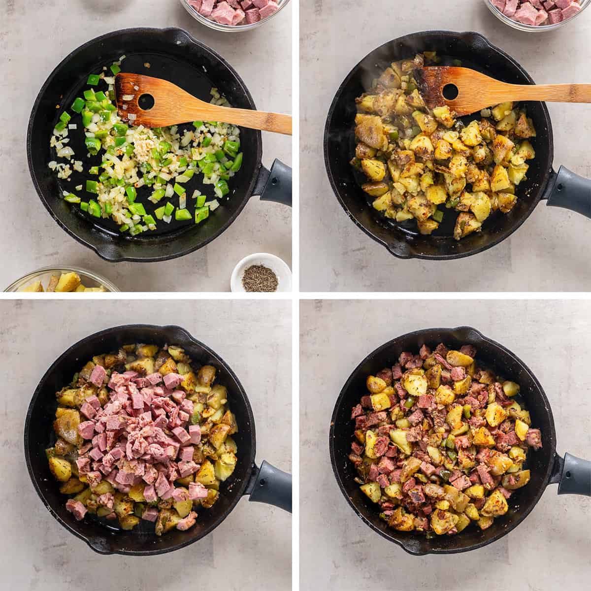 Four images of corned beef hash ingredients in a cast iron skillet.