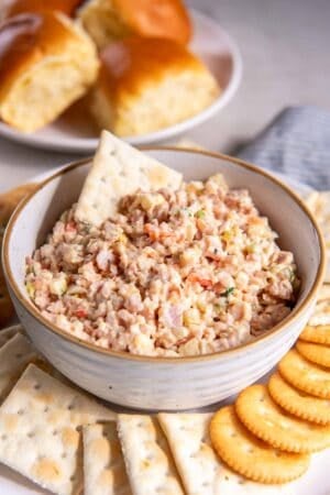 A saltine cracker pressed into a bowl of ham salad.