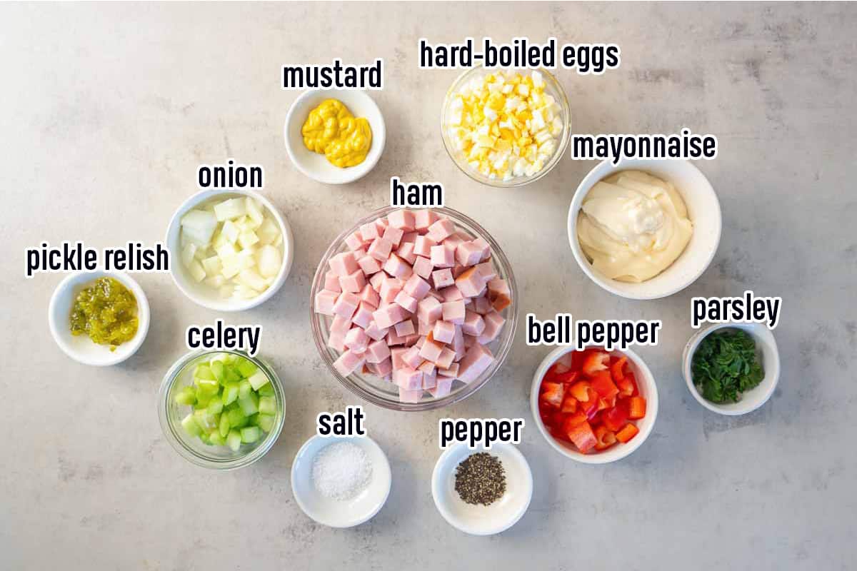 Cubed ham, hard-boiled eggs, mayonnaise and other ham salad ingredients in bowls with text.