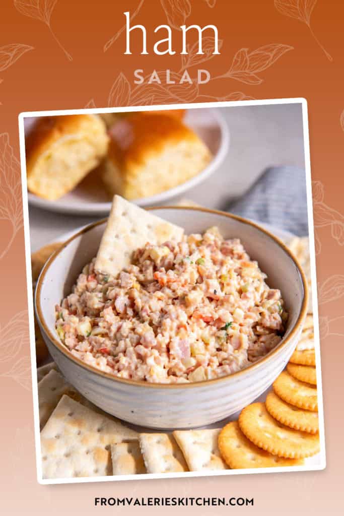 A saltine cracker pressed into a bowl of ham salad with text overlay.