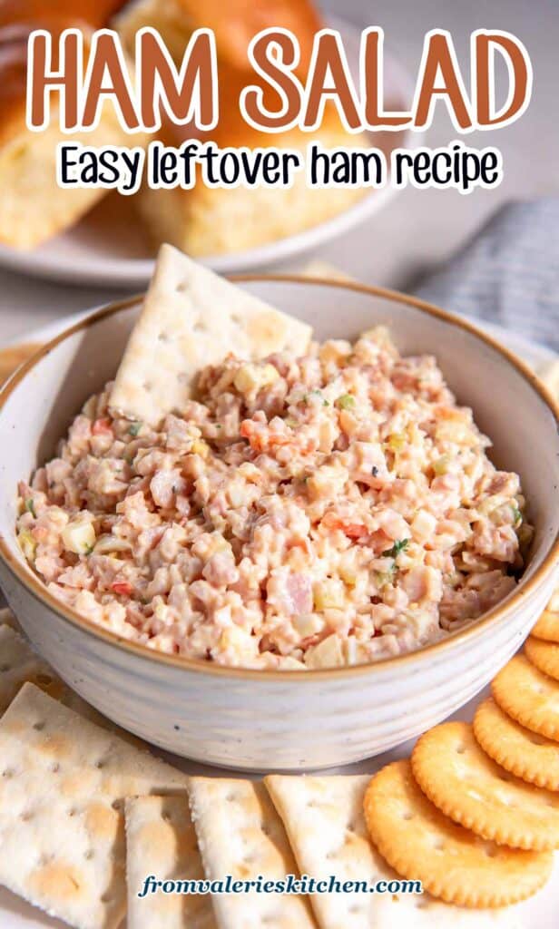 A saltine cracker pressed into a bowl of ham salad with text.