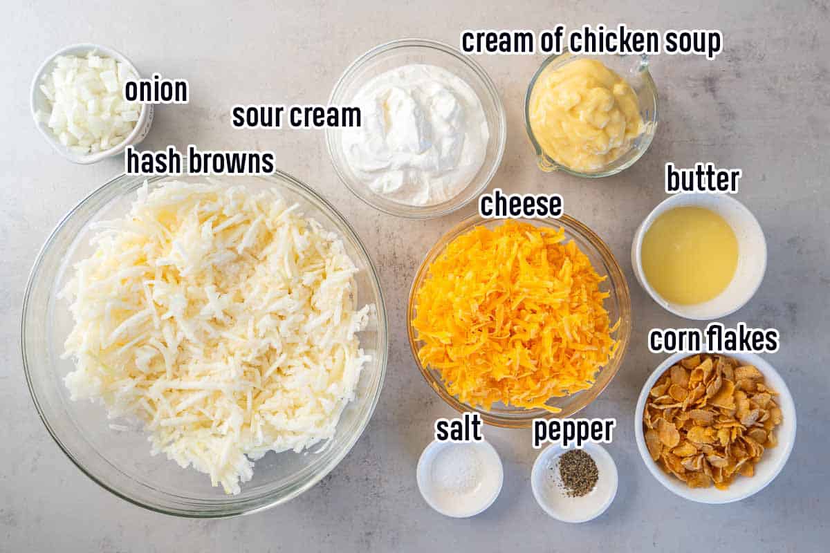 Hash browns, cheese, and other ingredients in bowls with text