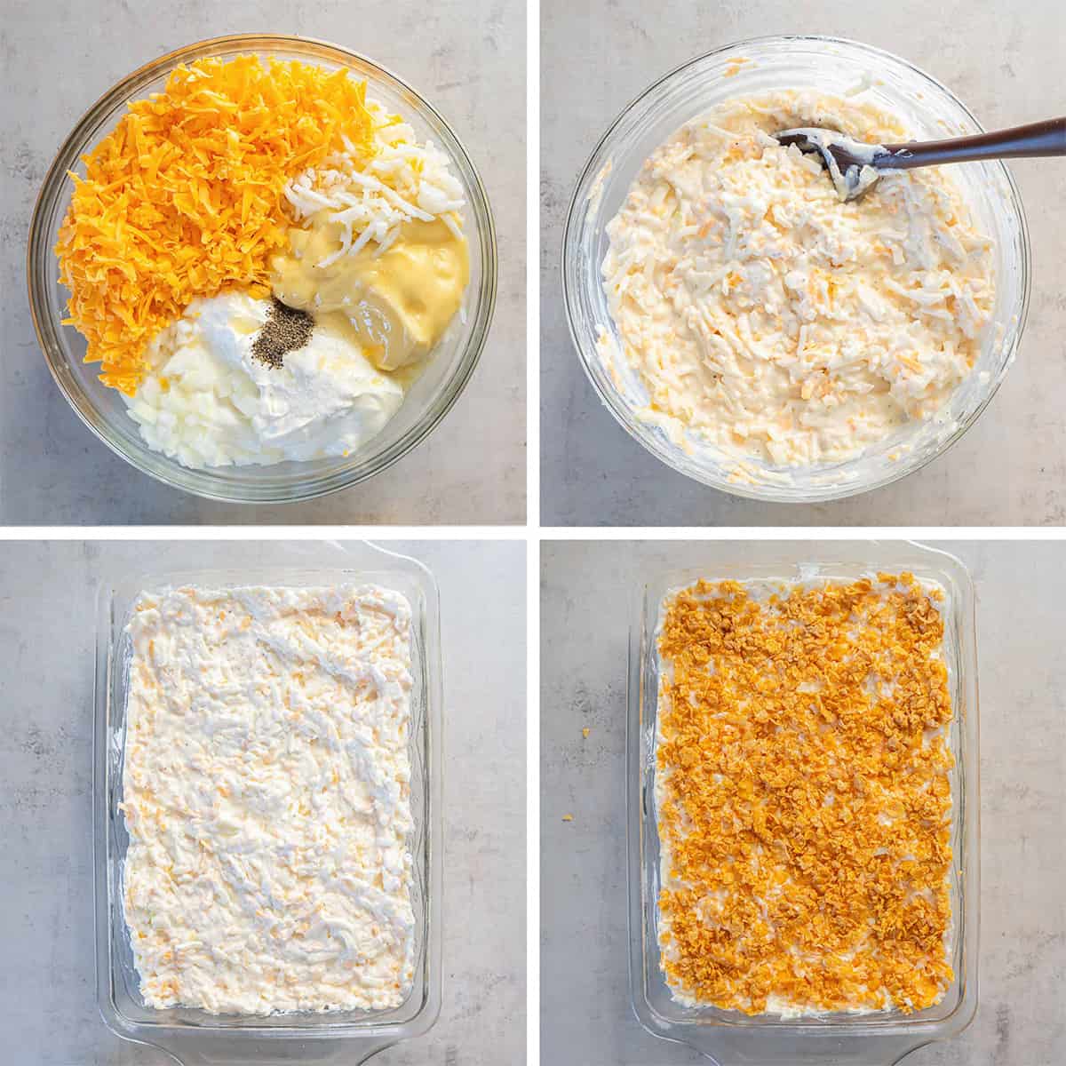 Four images of hash brown casserole ingredients in a mixing bowl and a baking dish.