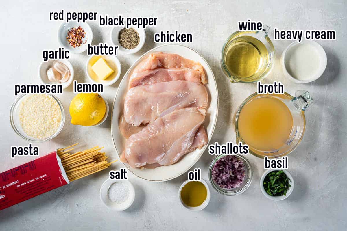 Chicken, pasta, a fresh lemon, and other ingredients with text.