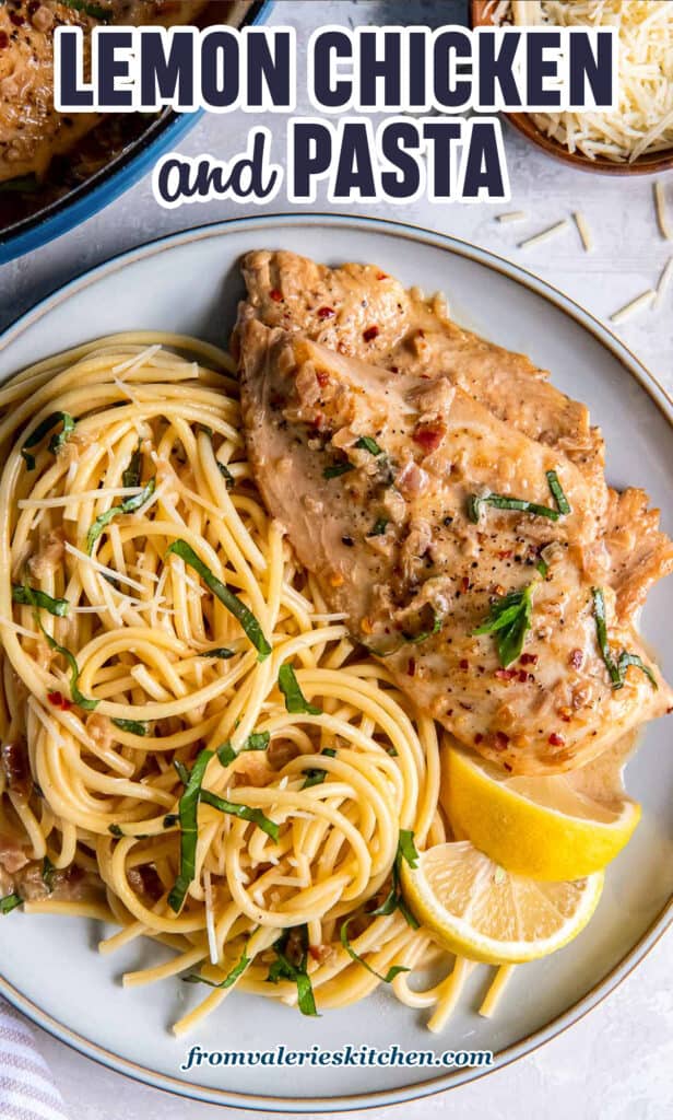 Lemon chicken and pasta on a white dinner plate with text.