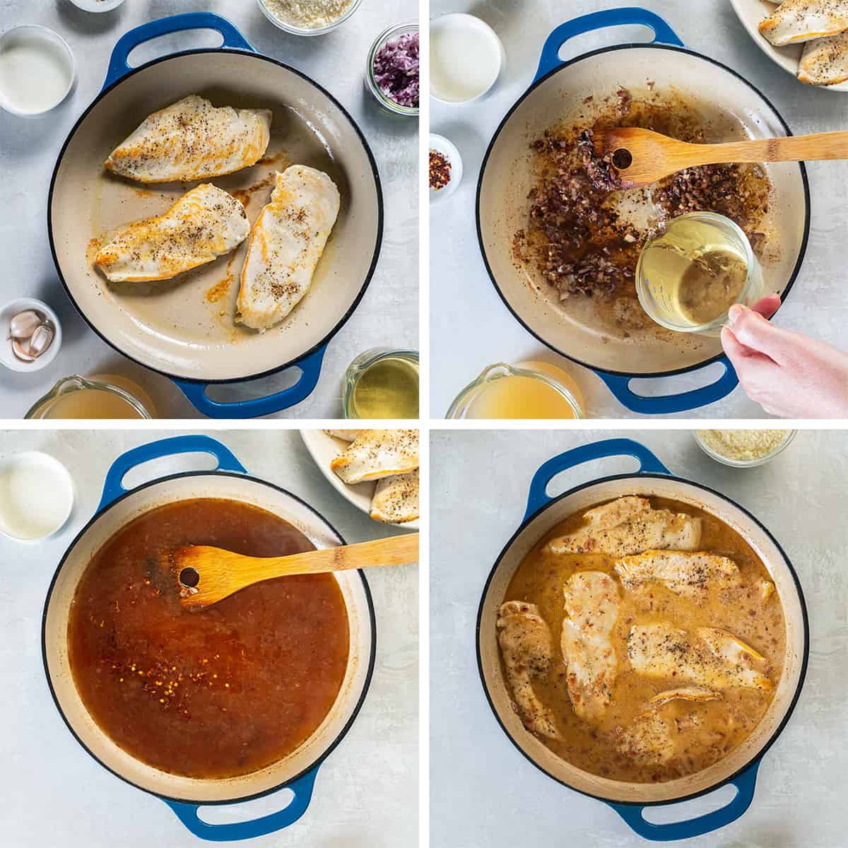 Four images of chicken and lemon sauce ingredients in a skillet. 
