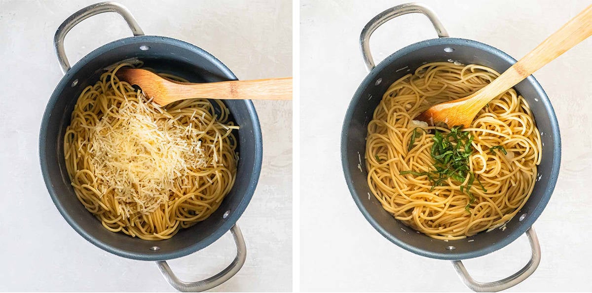 Two images of pasta in a pot with parmesan and basil.