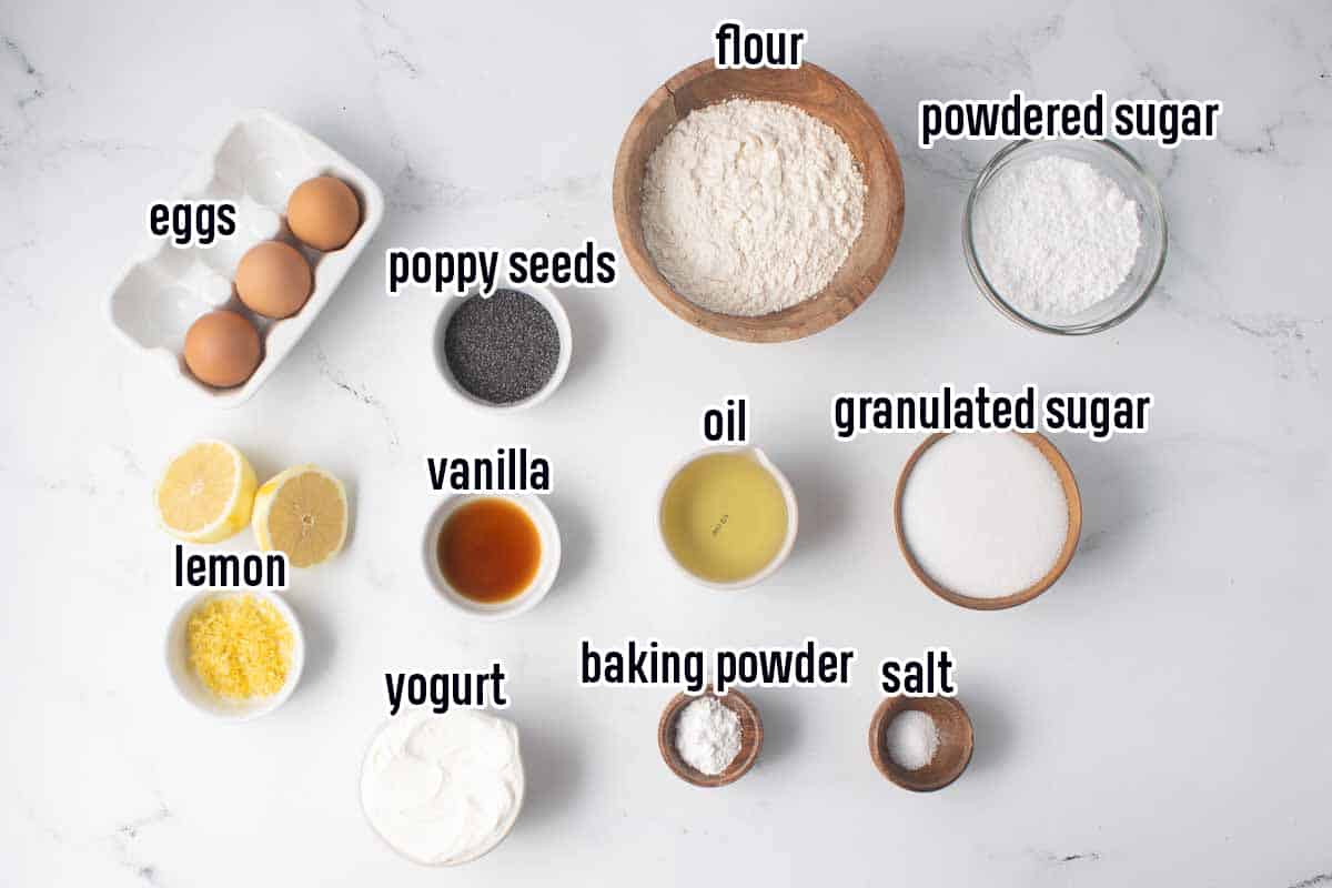 Flour, lemons, yogurt, poppy seeds and other ingredients with text.