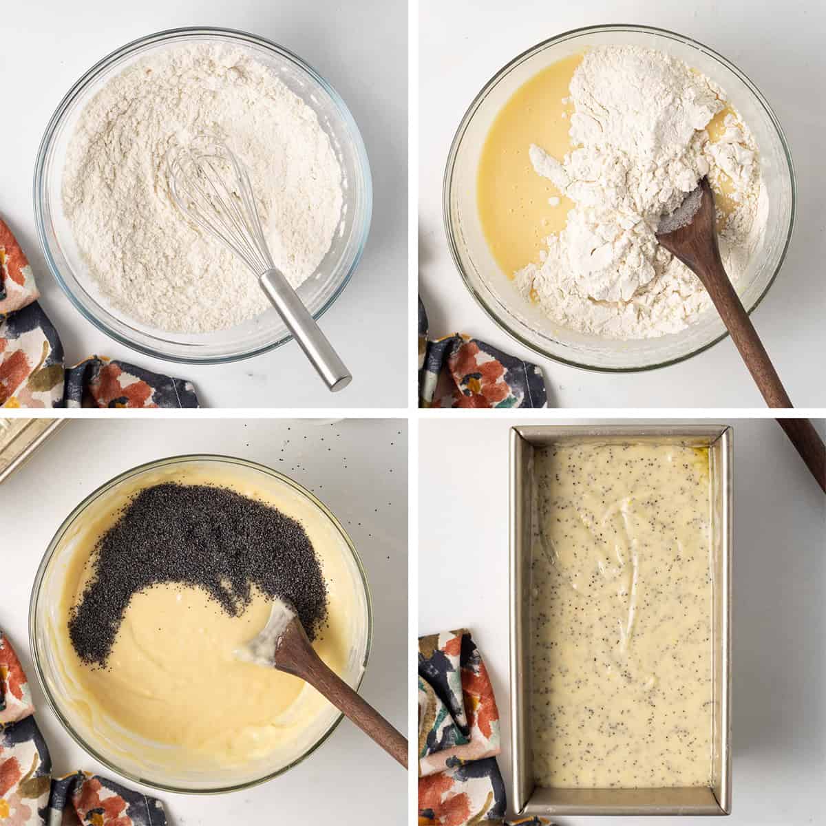 Four images of lemon poppy seed bread ingredients being combined in a bowl and in a loaf pan.
