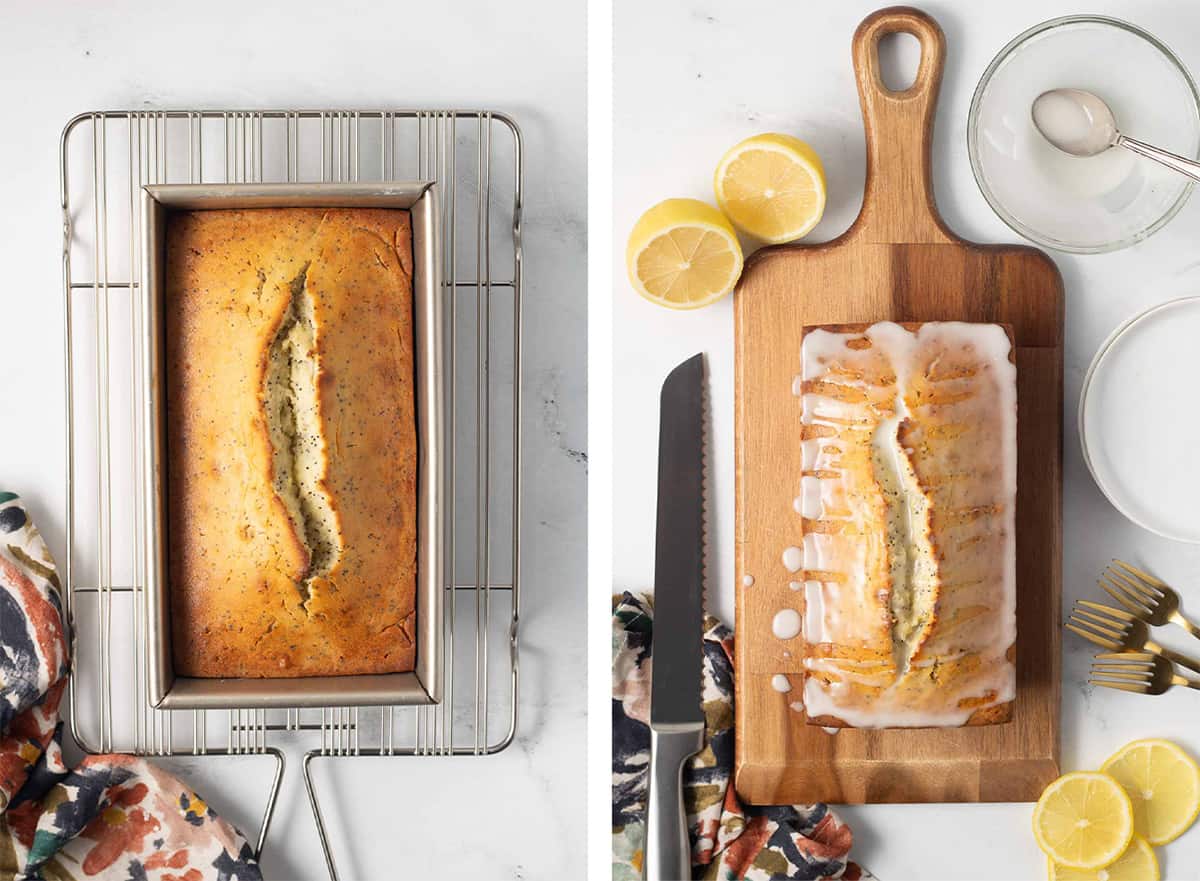 A loaf of lemon poppy seed bread cooling on a wire rack and with glaze on a cutting board.