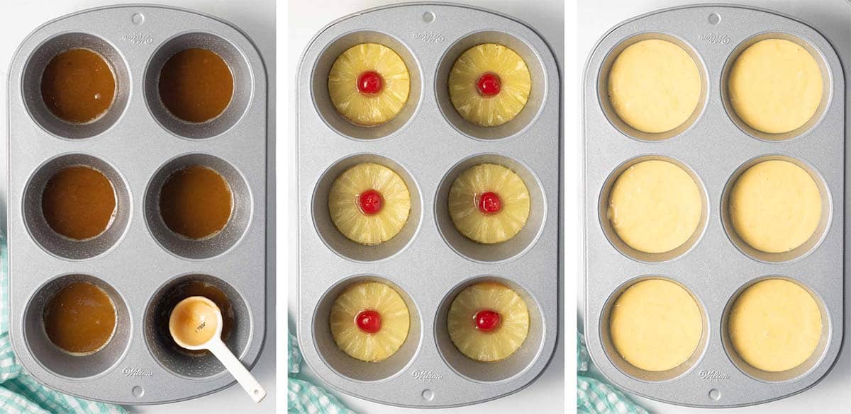 Three images of a brown sugar mixture, pineapple slices, cherries and cake batter layered in a muffin pan.