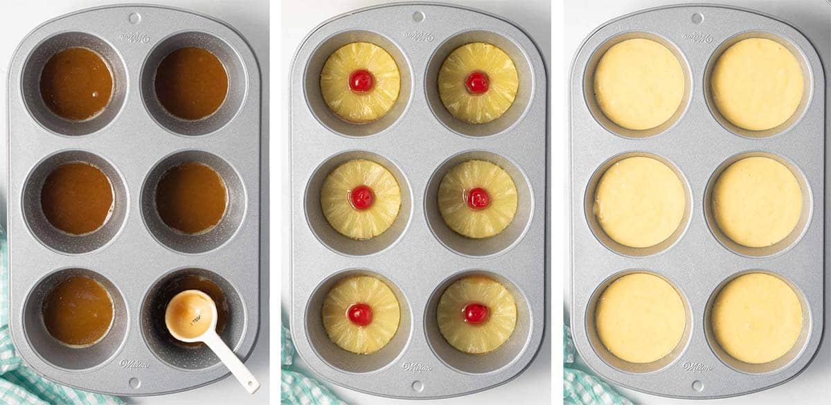 Three images of a brown sugar mixture, pineapple slices, cherries and cake batter layered in a muffin pan.