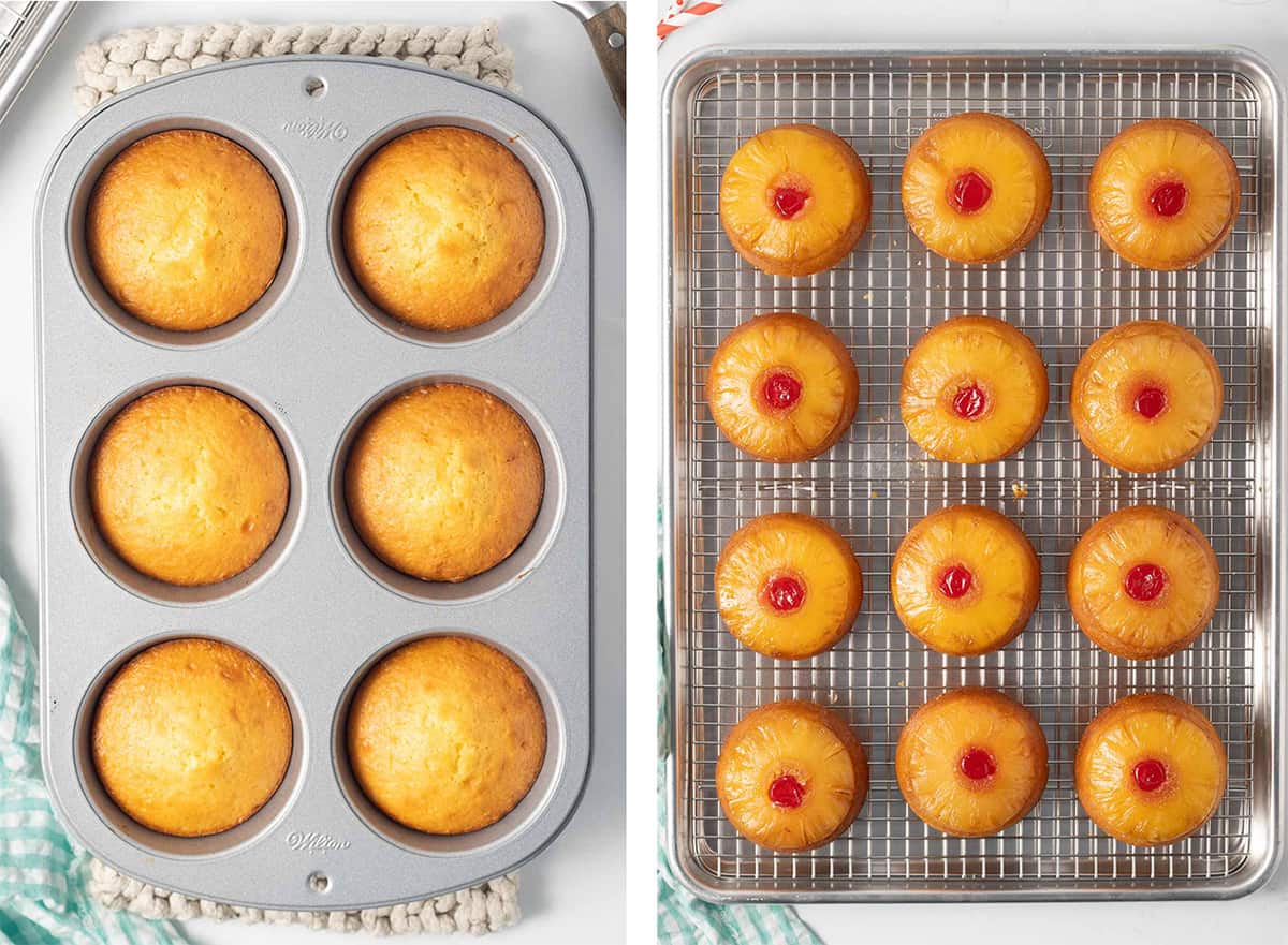 Two images of baked mini pineapple upside down cakes in a muffin pan and inverted on to a wire rack.