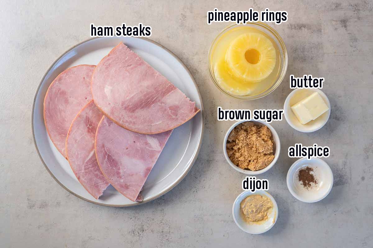 Boneless ham steaks, pineapple rings, and glaze ingredients in bowls with text.