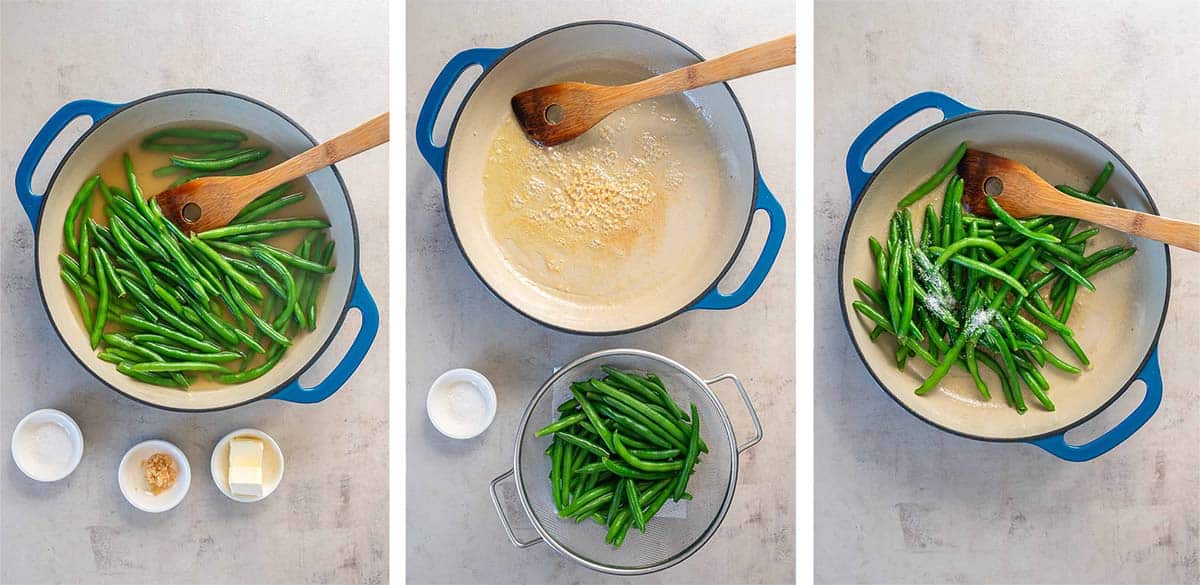 Three images of green beans cooking in broth and butter in a pan.