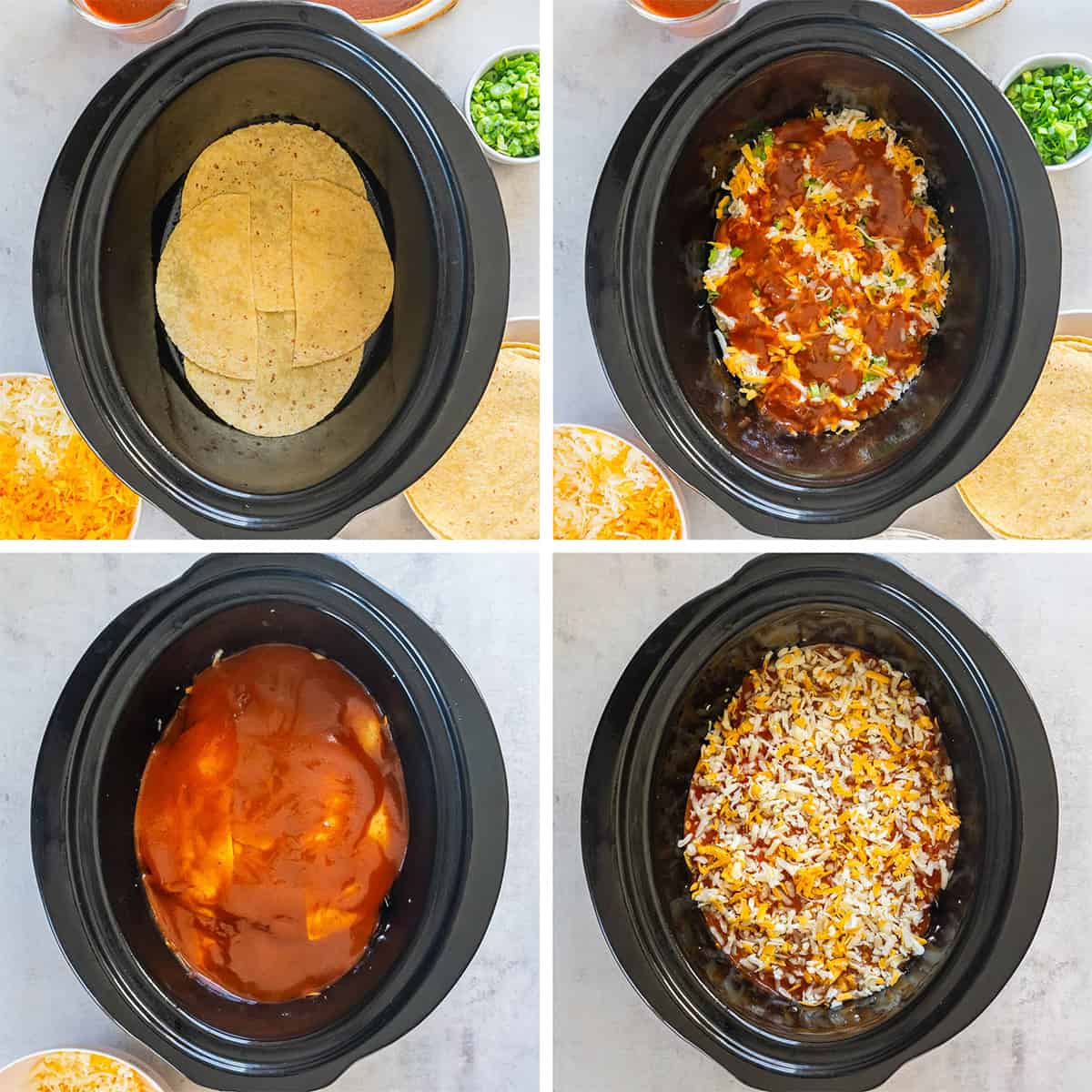 Four images of enchilada ingredients layered in a slow cooker.